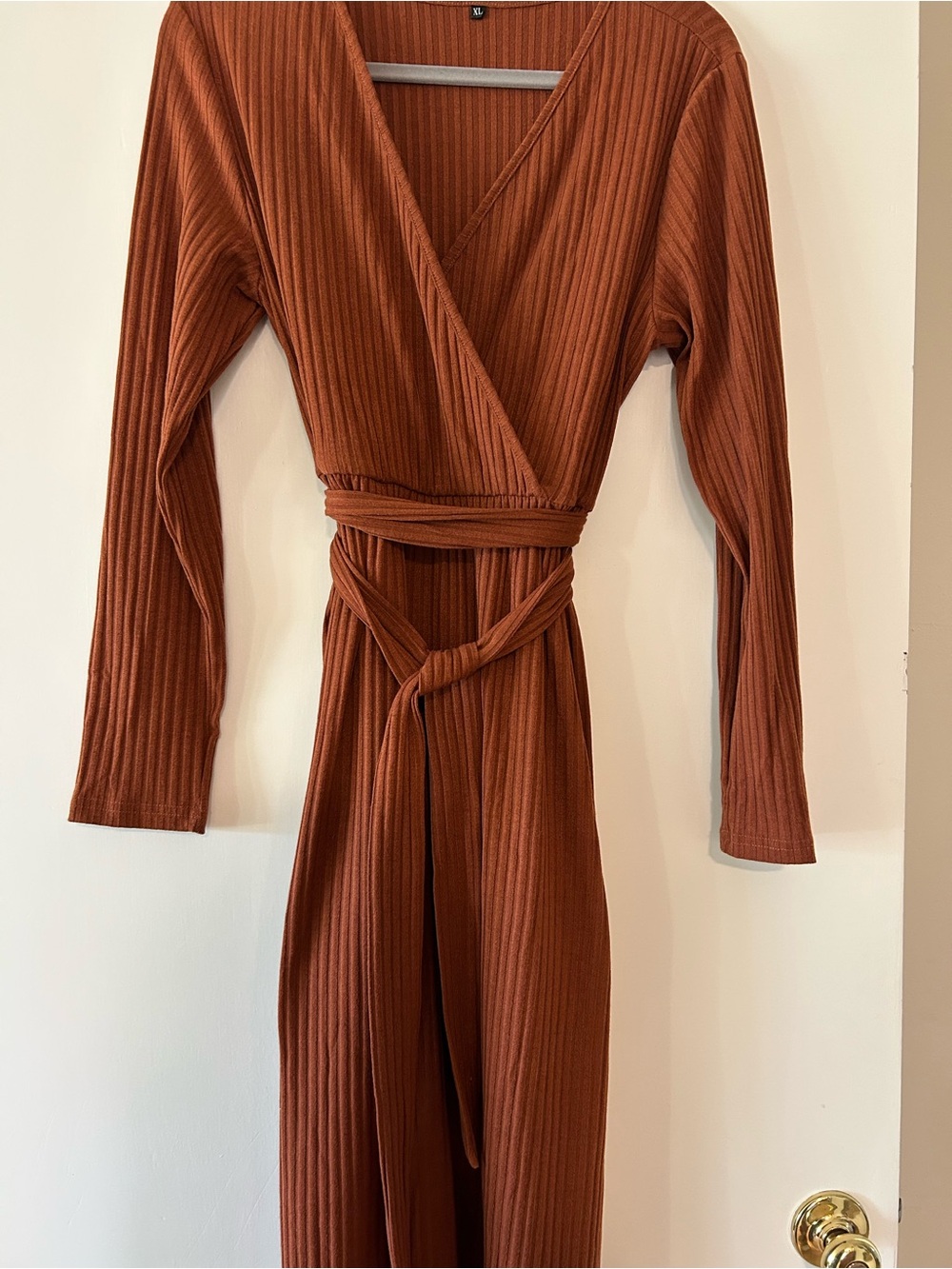 Rust Ribbed Wrap dress midi flattering surprise wrap front with belt L